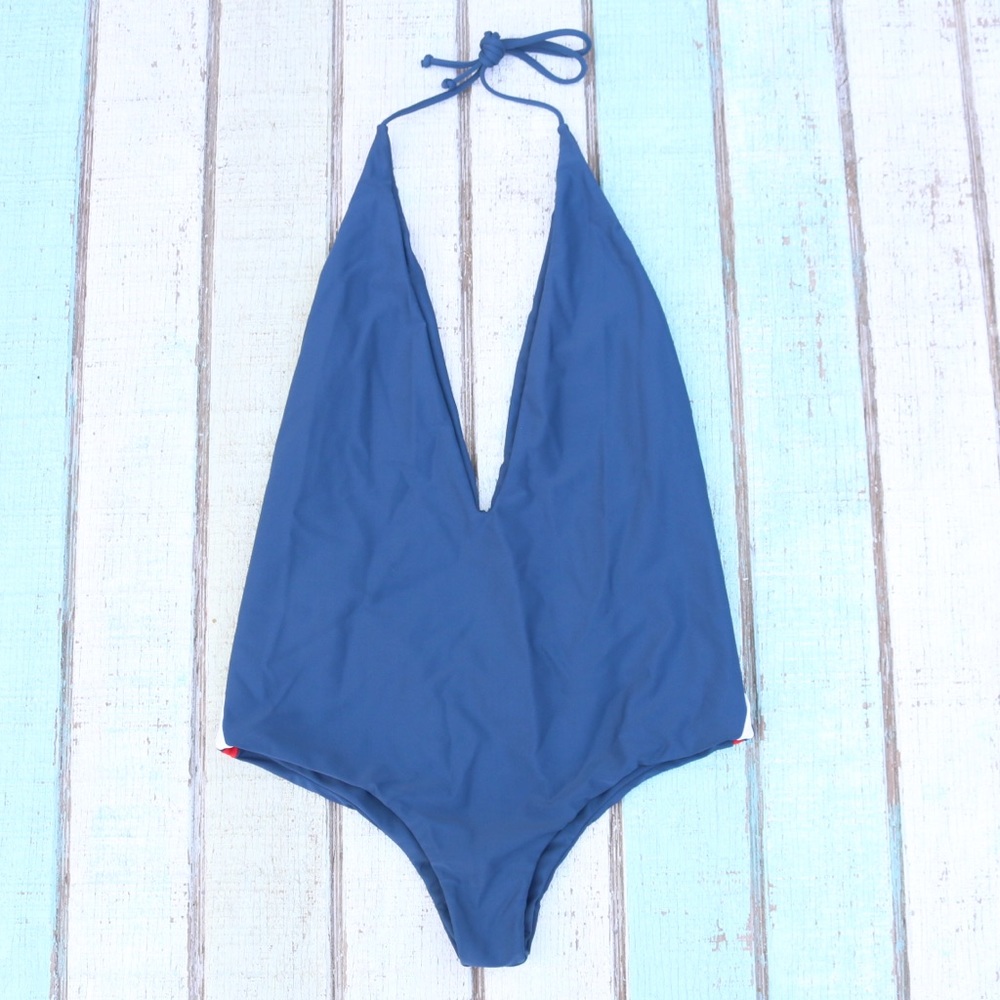 MIKOH Hinano Retro Drop Off Blue Deep V One Piece